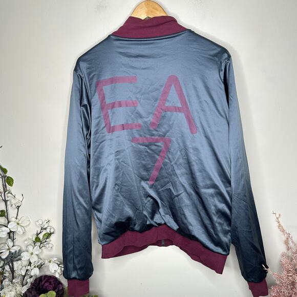 EMPORIO ARMANI Reversible Bomber Jacket Satin Gray Maroon Sz L $995 - Picture 5 of 7